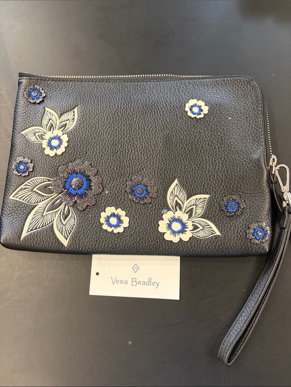 Vera Bradley Black Wristlet with Blue and Cream Floral Appliqués
